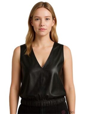 Dear John - Black Faux Leather V-Neck Top - Size Large - NWT